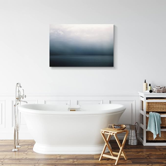 Large Canvas Wall Art Modern Abstract Art Paintings Green Mountains Blue Sea Under the Grey Sky Scenery Framed Artwork Pictures for Living Room Bedroom Hallway Wall Decor 36x24in