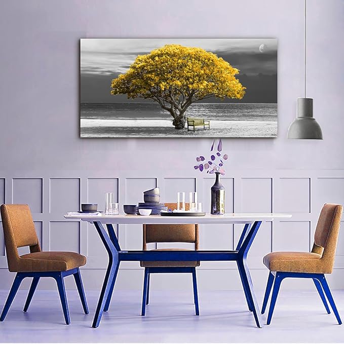 Wapluam Large Canvas Wall Art for Living Room, Office, Bedroom - Black and White Landscape Paintings With Yellow Trees - Framed Pictures Artwork Home Decor Mural 24x48 in