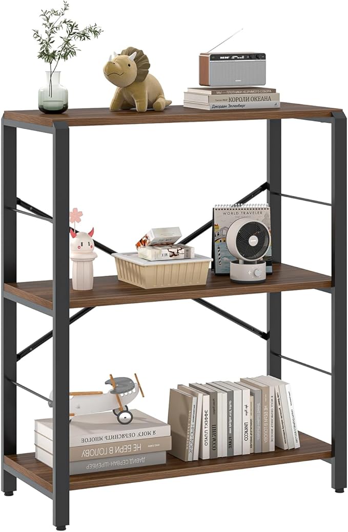 FOLUBAN Small Bookshelf, 3 Tier Rustic Book Shelf with Storage, Industrial Low Short Bookcases for Office, Bedroom and Living Room, Rustic Walnut