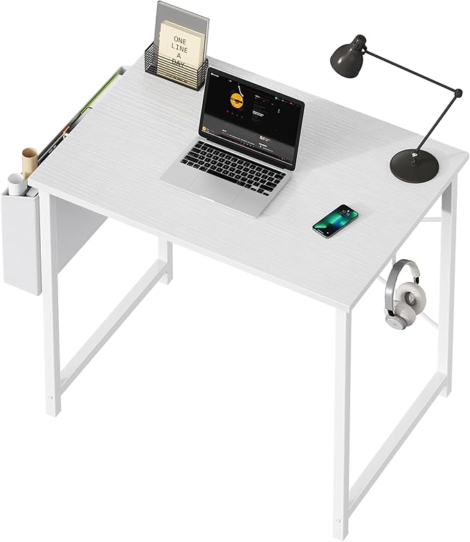 OLIXIS Computer Desk 31 Inch Home Office Desks for Small Spaces, Gaming Writing Study Work Table with Storage Bag and Headphone Hook for Bedroom, White