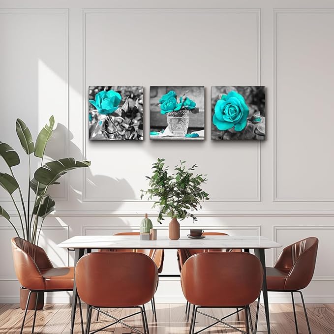 Canvas Wall Art For Bedroom Wall Decor For Living Room Black And White Wall Paintings Blue Rose Flowers Pictures Watercolor Giclee Canvas Prints Ready To Hang Room For Girls Home Decoration 3 Piece
