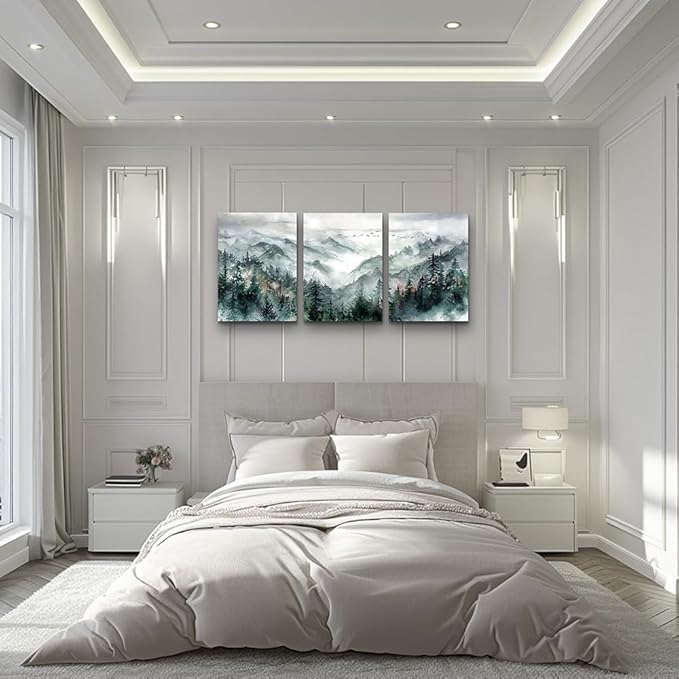 TTHYUEWS Wall Art for Bedroom Wall Decor for Living Room Office Decor Mountain Forest Landscape Wall Pictures Watercolour Paintings Artwork 3 Piece Canvas Art Prints Ready To Hang Home Decoration