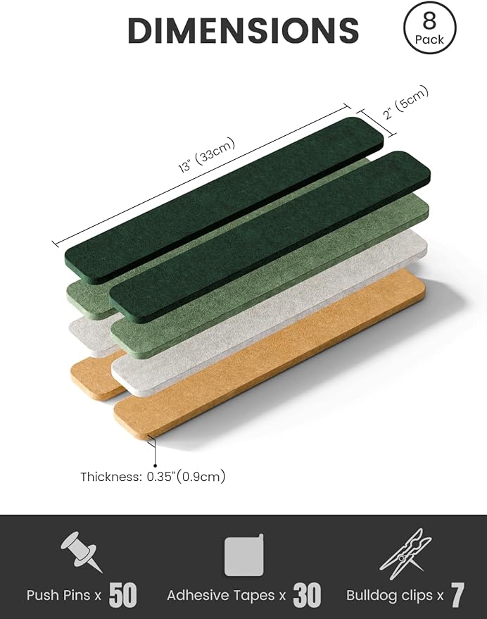 Cork Board Alternative Felt Strip Board 8-Pack 13"x2", Office Pin Board with 50 Push Pins, Adhesive Install for Bedroom Door & Home Office(Moss Glimmer)