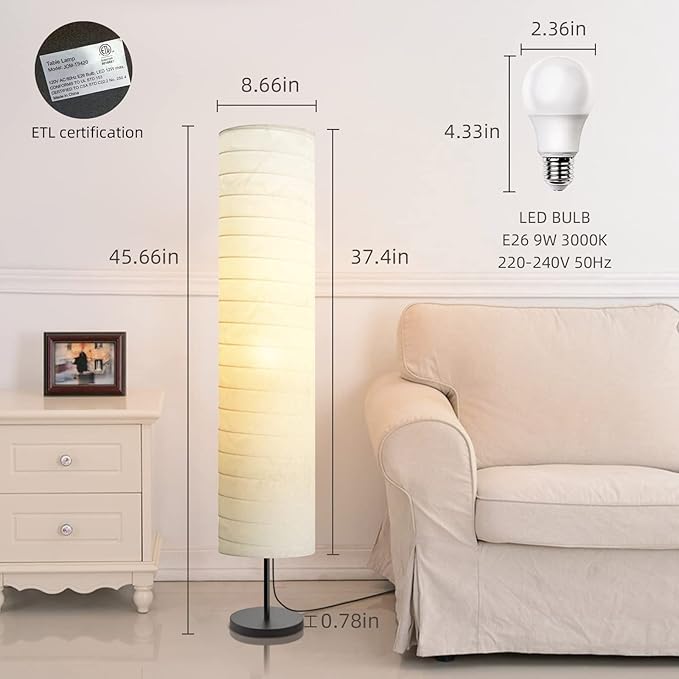 Modern Floor Lamp, Dimmable 3 Levels Brightness Paper Tall Lamp Standing Lamps with Lampshade, 55'' Minimalist Floor Lamps for Office, Kids Room, Reading, Home Decor (White)