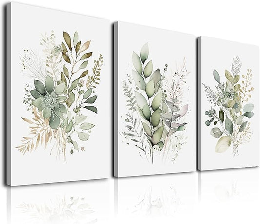 Framed Bathroom Wall Art Set of 3 for Rustic Botanical Prints,Watercolor Botanical Wall Art,Sage Green Painting Eucalyptus Leaf Art Pictures,Modern Boho Floral Wall Decor for Room Living Room Bedroom Decorations,12x16inch