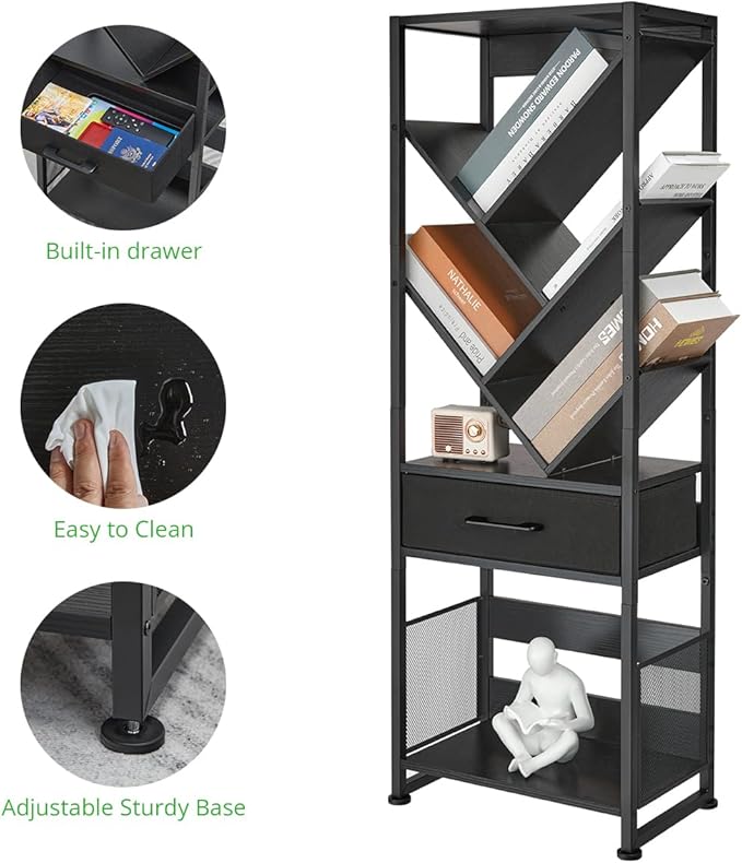 Bookshelf with Drawer,8 Tier Tree Bookcase Retro Floor Standing Bookshelves,Tall Wood Bookcases with Cabinet Storage Organizer for Living Room, Bedroom & Home Office, Black