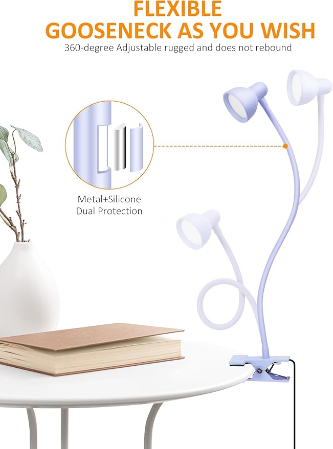 Clip on Lamp USB Reading Light, 3 Color Modes, 10 Brightness Dimmable, Flexible Gooseneck Desk Lamp with Clamp, Eye Care Clip on Light for Bed Headboard Desk Home Dorm