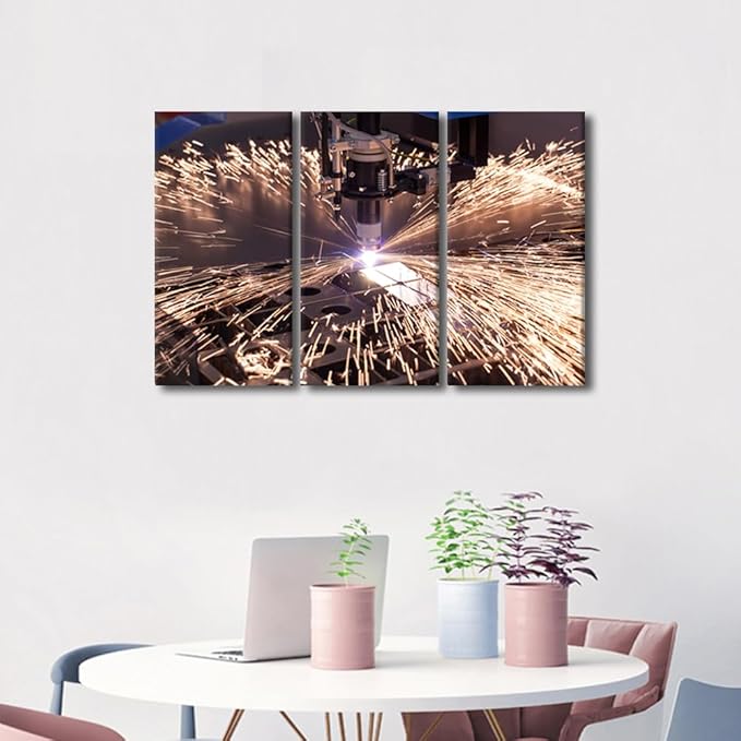 Canvas Painting Wall Art Industrial Machine Art Prints Plasma Cutting Wall Pictures for Office 3 Pieces Home Decorations Framed Wall Art Modern Wall Decor Artwork Wall Hanging, 36x24 Inch