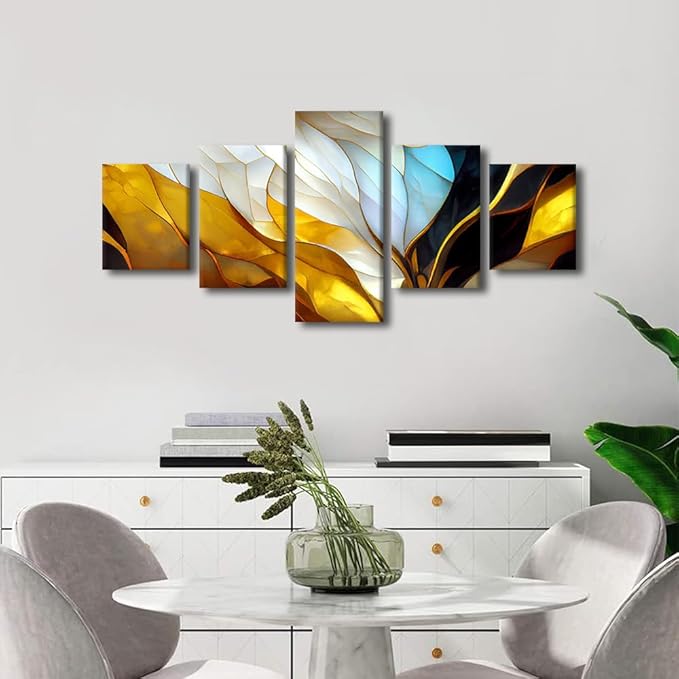 Abstract Canvas Wall Art for Men 5 Panel Wall Art Decor Vintage Pattern Poster Prints on Canvas Colorful Glass Window Picture Printing for Living Room Office Wall Decor Framed Ready to Hang 50x24 in