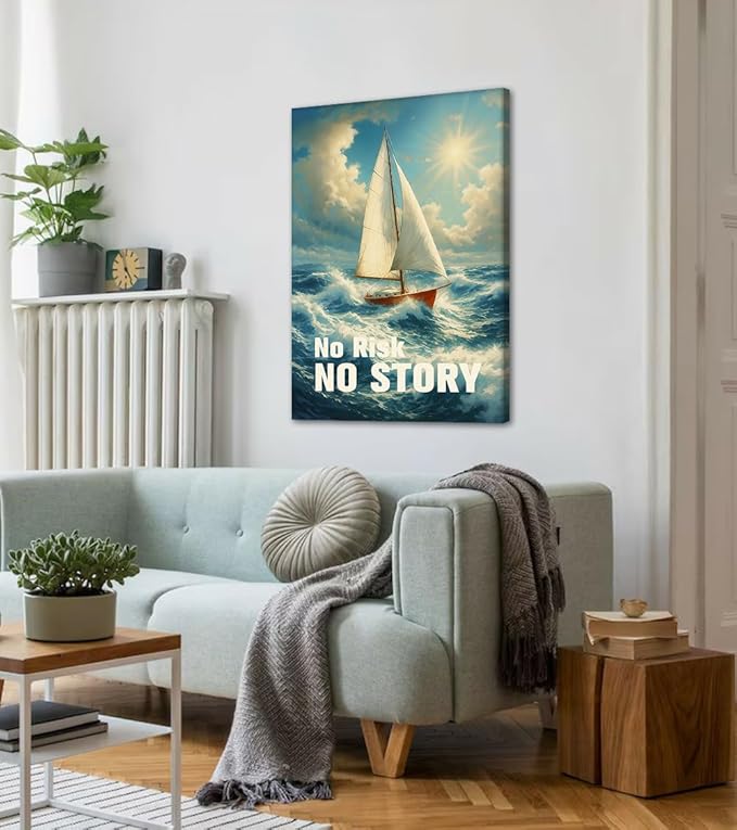 Inspirational Sailboat Wall Art - Ocean Landscape Canvas Print with No Risk No Story Inspiring Quotes, Motivational Wall Decor Modern Entrepreneurs Artwork for Office Gym Home, Framed 24"x36"