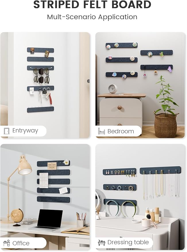 Fluxynara Cork Board Alternative Felt Strip Board 5-Pack 13"x2", Office Pin Board with 35 Push Pins, Adhesive Install for Bedroom Door & Home Office(Denim Blue)