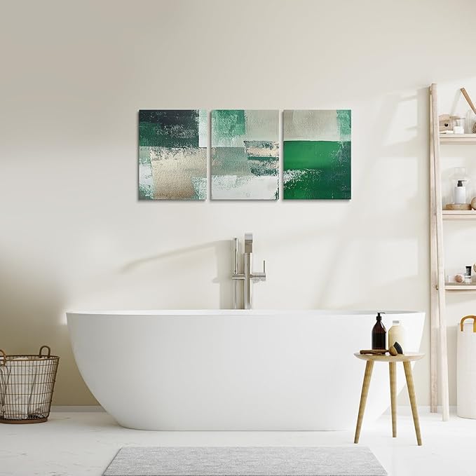 jejeloiu 12"x16"x3pcs Abstract Oil Painting Office Decorations Artwork Posters Abstract Art 3 Piece Canvas Wall Art for Living Room Bedroom Green Modern Picture Wall Decor