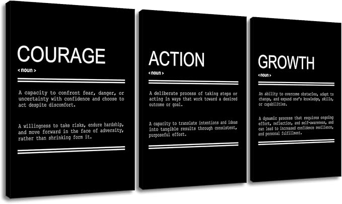 YSPCSUN Courage Action Growth Inspirational Canvas Wall Art 3 Pieces Entrepreneur Quote Picture Painting Motivational Print Poster for Office Living Room Gym Wall Decor Ready to Hang [60''Wx28''H]