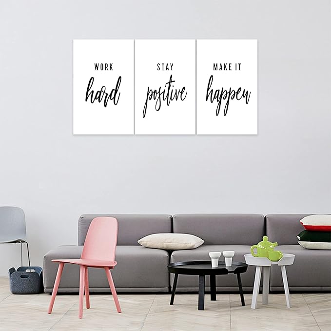 3 Piece Inspirational Wall Art, White Motivational Mindset Picture, Quote "Work Stay Make It" Canvas Print for Office Decor, Triptych Entrepreneur Poster Framed Artwork for Gym Wall Decor (48"Wx24" H)