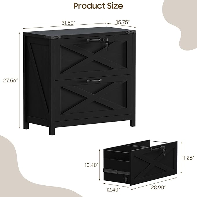 Farmhouse File Cabinet, Lateral Filing Cabinet with 2 Drawers with Lock for Letter/A4 Size Hanging Files, Large Wooden Printer Stand File Storage Cabinet for Home Office, Rustic Black