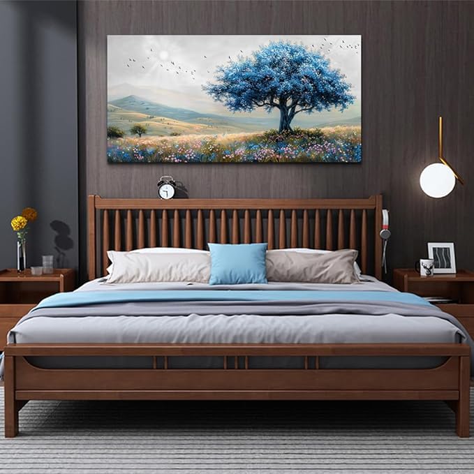KELIYUAN Farmhouse Wall Art For Dining Room Canvas Wall Decor For Bedroom Office Modern Field Scenery Wall Painting Blue Trees Pictures Aesthetic living room Home Decor Posters Artwork 20x40 In
