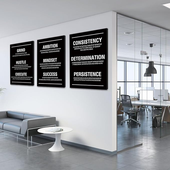 COSCTOR Set of 3 Motivational Wall Art Canvas for Office Workplace Garage Gym Living Room Bedroom Grind Hustle Execute Black and White Wall Decor Inspirational Quotes Posters for Paintings(Framed,12x16)