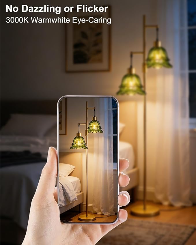 Lightdot 65IN Gold Flower Floor Lamp for Living Room, 2- Light Dimmable Floor Lamps with Green Glass Lampshade, 3000K Warm White Modern Standing Tall Lamp for Bedroom Sofa Beside Corner Decor
