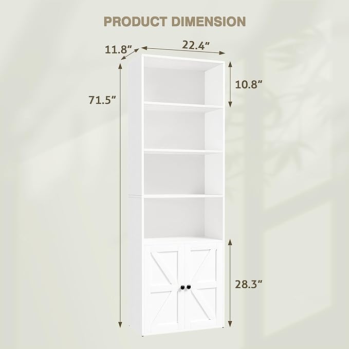 YESHOMY 71.5" Tall Bookshelf and Bookcase, Industrial Bookshelves and Bookcases with Doors, 4-Tier Floor Standing Tall Display Storage Cabinet with Doors for Home Office, Living Room, White, 2 PCS