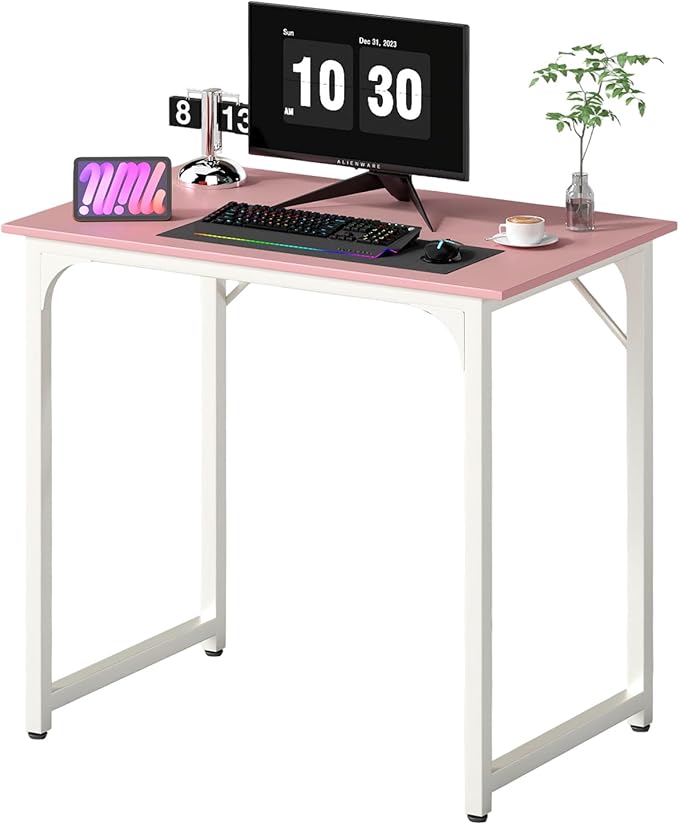Dkelincs 32 Inch Small Computer Desk Home Office Desk Writing Desk Modern Simple Style Study Work Table with Metal Frame, Easy Assembly, Adjustable Feet, Water-Resistant, Scratchproof Surface, Pink