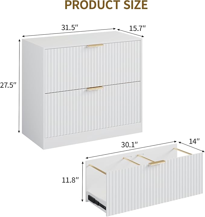 Double Drawer Horizontal File Cabinet,Wooden Fluted File Cabinet Printer Stand for Legal/Letter/A4 Size with Metal Handle for Modern Home,Office,Living Room((File cabinet-White-04)