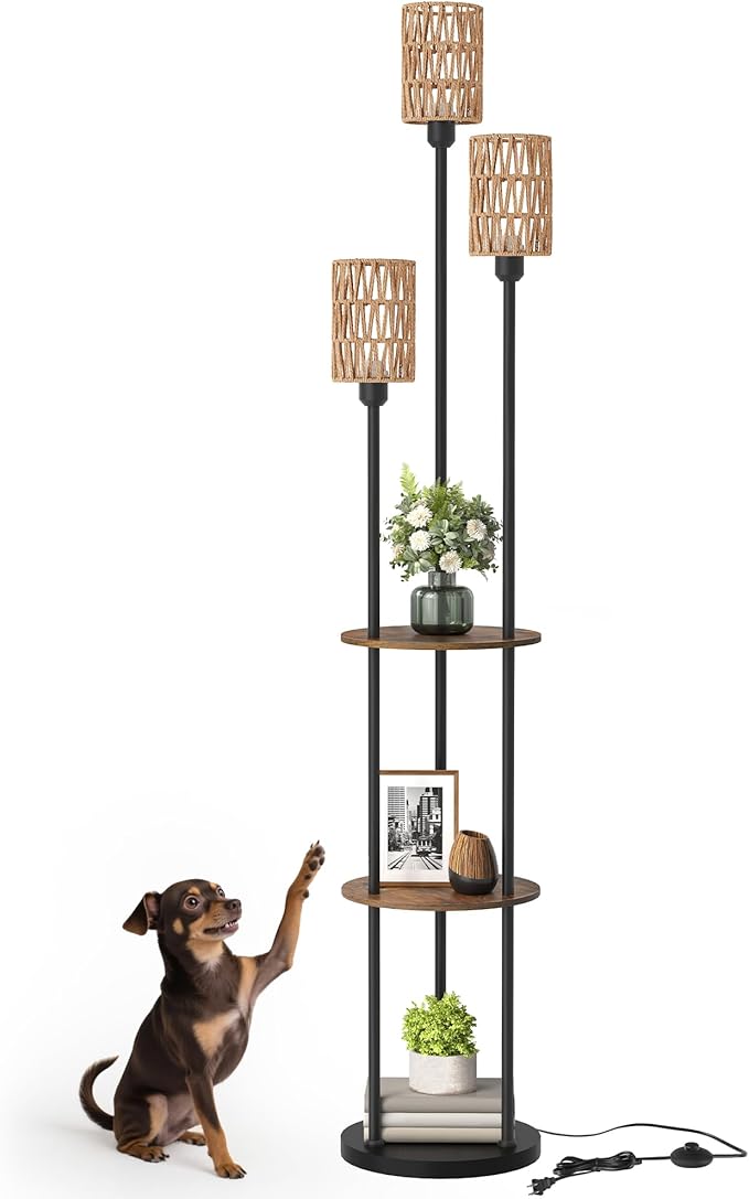 Floor Lamp with Shelves, Boho Floor Lamp with Foot Switch, 3-Light Standing Lamp, for Living Room, Bedroom, Study, Rustic Brown and Yellow YF53LD05 ﻿