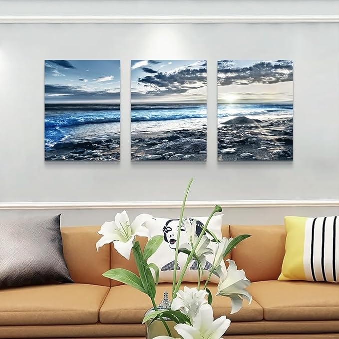 DZRWUBHS Blue Beach Sea Wave Paintings Large Wall Decor for Living Room Canvas Art for Bedroom Office Decorations Sun Ocean Seascape Pictures Artwork Modern Room Home Decor 3 Panels