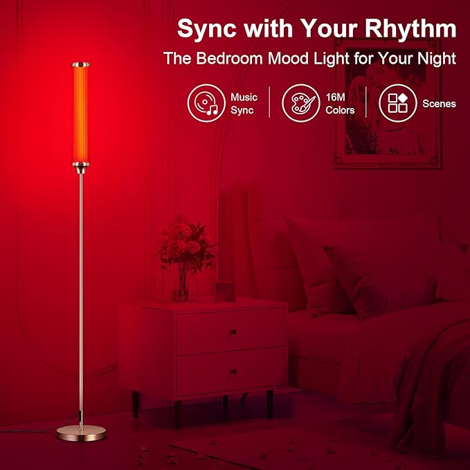 FRIDEKO HOME Floor Lamp, Smart RGBCW LED Color Changing Ambient Lighting for Living Room & Gaming Decor, Standing Lamp with App & Remote Control, Tall Corner Lamp for Bedroom, 12W 1500LM, Gold