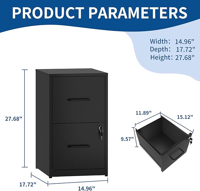 2 Drawer File Cabinet with Lock, Metal Filing Cabinet for Home Office, Vertical File Cabinet for Letter/Legal/A4/F4 Documents, Easy to Assemble Steel Storage Cabinet