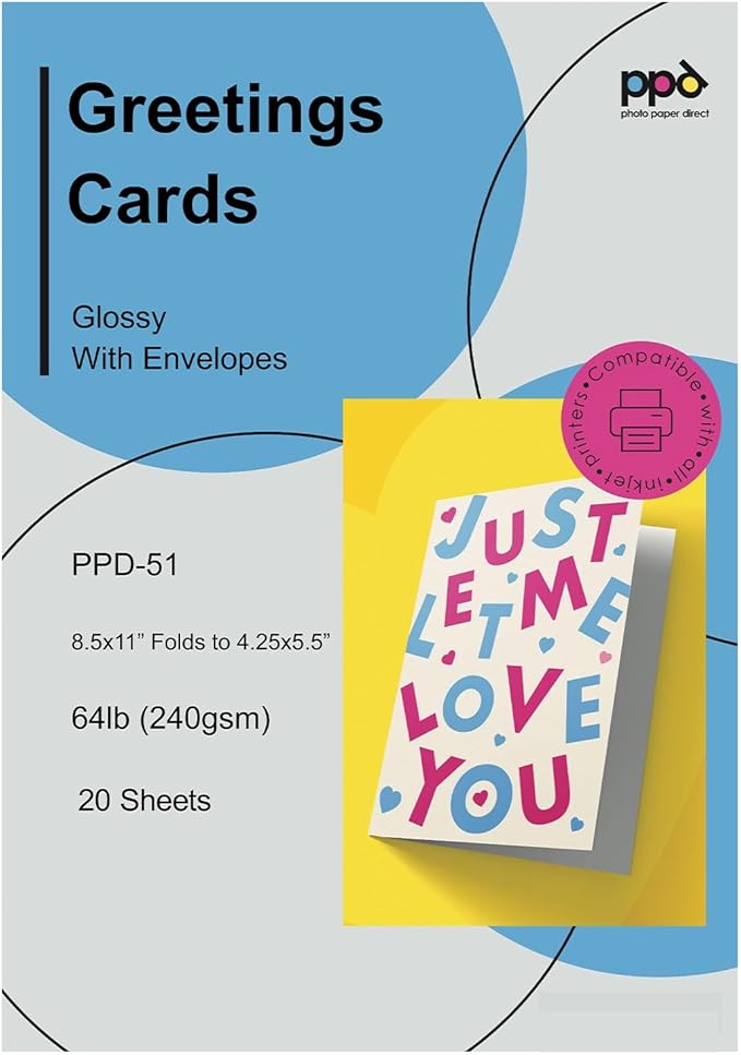 PPD Greeting Card Paper, Printable Greeting Cards With Envelopes for Inkjet Printer, 8.5 x 11 Blank Half Fold to 5.5 x 8.5 Custom Cards for Birthday, Wedding, Invitations, Thank You Note (20 Sheets)