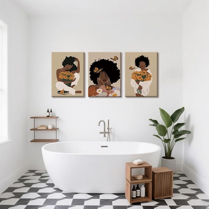 TUEASKY 3 Piece Canvas Wall Art African American Wall Decor Black Woman Pictures Sunflower Butterfly Paintings Abstract Prints Boho Artwork for Bedroom Bathroom