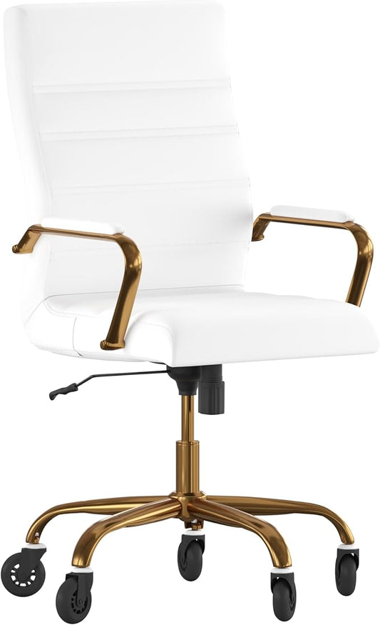 Flash Furniture Whitney High Back White LeatherSoft Executive Swivel Office Chair with Gold Frame, Arms, and Transparent Roller Wheels