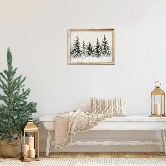 uniro Christmas Wall Art Prints, Vintage Christmas Decor, Rustic Winter Pine Forest Christmas Trees Canvas Art Prints Poster Painting, Farmhouse Christmas Forest Landscape Winter Art Picture Aesthetic for Bedroom Bathroom Living Room Office Decor (8" x...