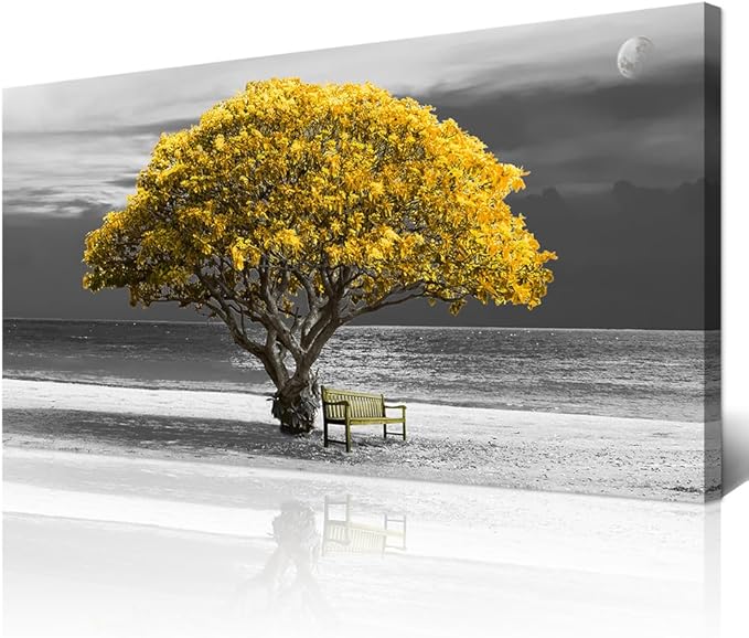 Wapluam Large Canvas Wall Art for Living Room, Office, Bedroom - Black and White Landscape Paintings With Yellow Trees - Framed Pictures Artwork Home Decor Mural 24x48 in