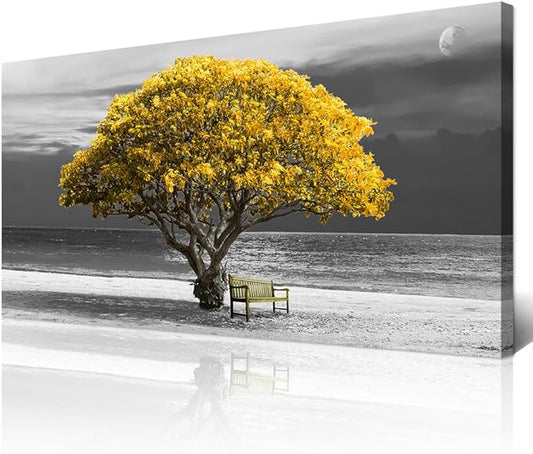 Wapluam Large Canvas Wall Art for Living Room, Office, Bedroom - Black and White Landscape Paintings With Yellow Trees - Framed Pictures Artwork Home Decor Mural 24x48 in