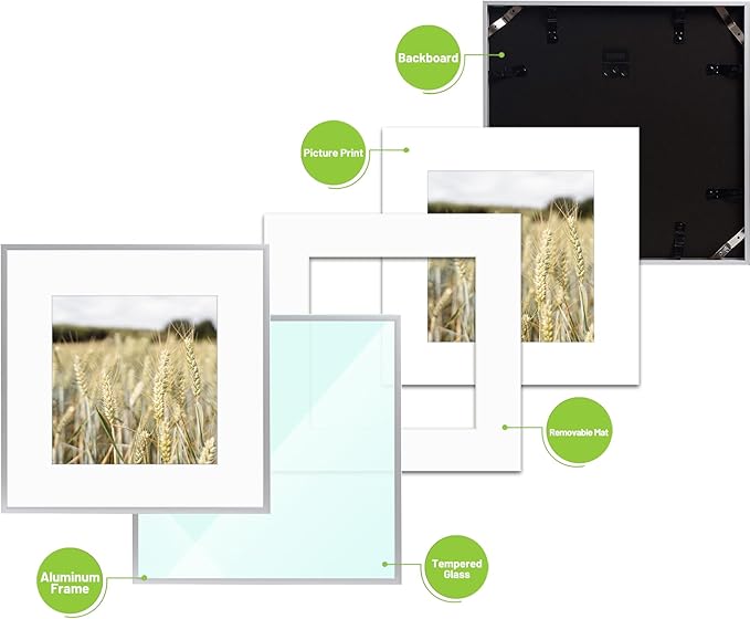 Golden State Art, Gallery Wall Frame Set of 6 - Silver 12x12 Aluminum Photo Frames with Mat for 8x8 Pictures - 12 x 12 inch Metal Frame with Real Glass Cover - Elegant Home or Office Decor