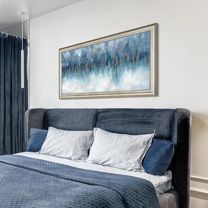Blue Wall Art Abstract Painting: Abstract Canvas Wall Art - Navy Blue Framed Canvas Artwork for Living Room Wall Decor - Large 60"x30"
