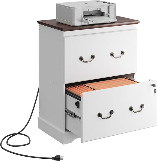 DEVAISE 2 Drawer File Cabinet,Lateral Vintage Farmhouse Wood Filing Cabinet with Lock & Charging Station for Letter/Legal/A4 Size, White