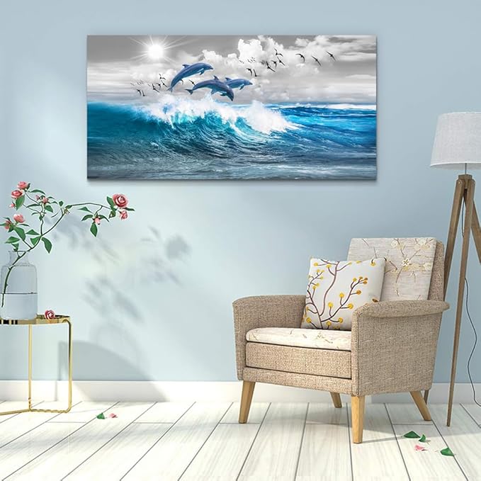 Wapluam Wall Decor For Living Room Large Canvas Wall Art For Bedroom Blue Wave Of The Sea Pictures Artwork Modern Office Canvas Print Dolphins Wall Paintings Ready To Hang Stretched and Framed