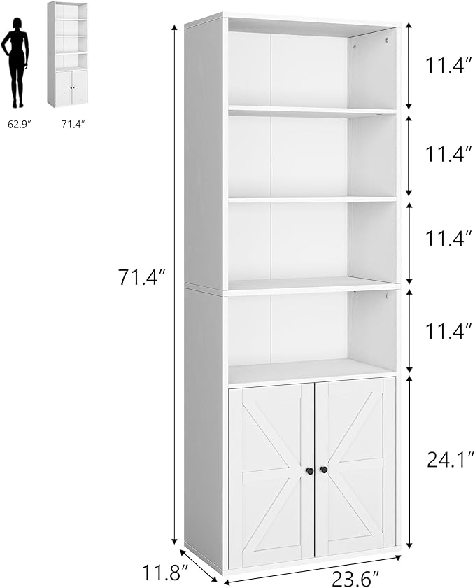 IDEALHOUSE Bookcase with Doors Industrial Bookshelf 11.8in Depth Display Storage Shelves 71.4in Tall Farmhouse Bookcases Wooden 6 Shelf Bookshelvels for Bedroom, Living Room, Home Office (White)