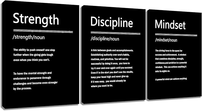 Inspirational Canvas Wall Art Strength Discipline Mindset 3 Pieces Poster Print Motivational Quotes Office Decor Picture Painting Artwork for Modern Home Bedroom Bathroom Ready to Hang [36''W x 16''H]