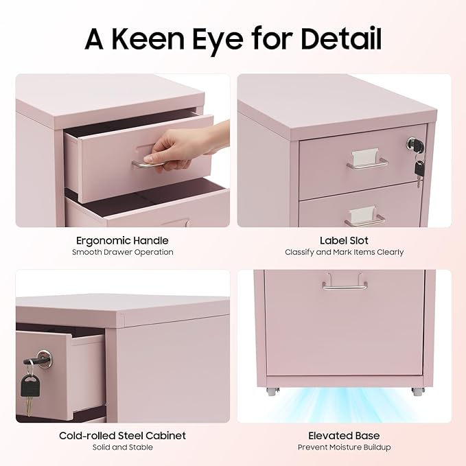 Vertical File Cabinets | 3 Drawer File Cabinet with Wheels| Steel Lockable Storage Cabinets | Metal S-torage Cabinet for Home Office | Storage A4/F4/Letter/Legal (Pink-3 Drawers)