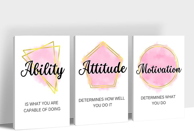 3 Piece Office Canvas Wall Art, Motivational Quotes Pink Geometric Figures Canvas Print Pictures Wall Decor for Office, Men Women Inspirational Framed Artwork Home Office Decor 16"x24" x 3 Pcs