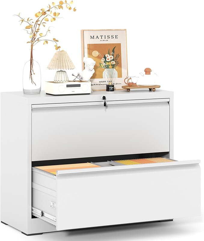 2 Drawer File Cabinet,Metal Lateral Filing Cabinet with Lock,Home Office Storage Organizer Cabinet for Legal/Letter/A4/F4 Size Files,35.5" W,White