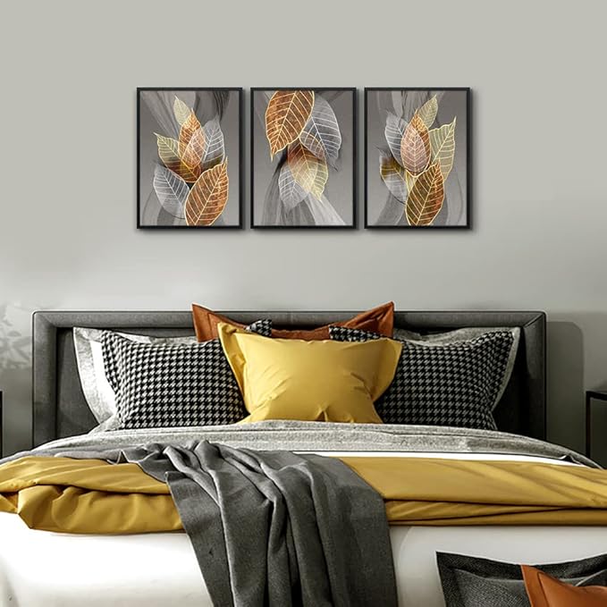 Black Framed Canvas Wall Art - 3 Piece Abstract Paintings of Leaves for Living Room, Kitchen, Bedroom & Modern Bathroom Decor