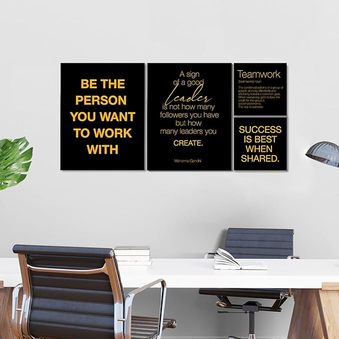 YEOION Inspirational Office Wall Art for Women,Motivational Teamwork Wall Decor for Office,Black and Yellow Postive Quote Workplace Canvas Wall Art for Set of 6