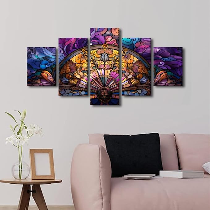 Color Canvas Wall Art Modern Abstract Canvas Wall Art Stained Glass Style Fan Poster Prints on Canvas 5 Panel Bedroom Decor for Living Room Decoraton Stretched and Framed Ready to Hang 60x32 in