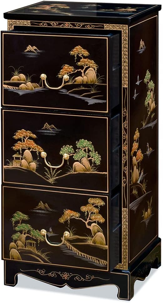 ChinaFurnitureOnline Black Lacquer Chinoiserie Scenery Motif 3 Drawer Oriental File Cabinet