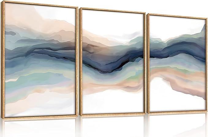 HLNIUC Blue Abstract Wall Art, Watercolor Line 16"x24" Framed Art Set of 3, Modern Wave Canvas Wall Decor, Natural Landscape Paint Stroke Prints for Living Room, Bedroom, Office
