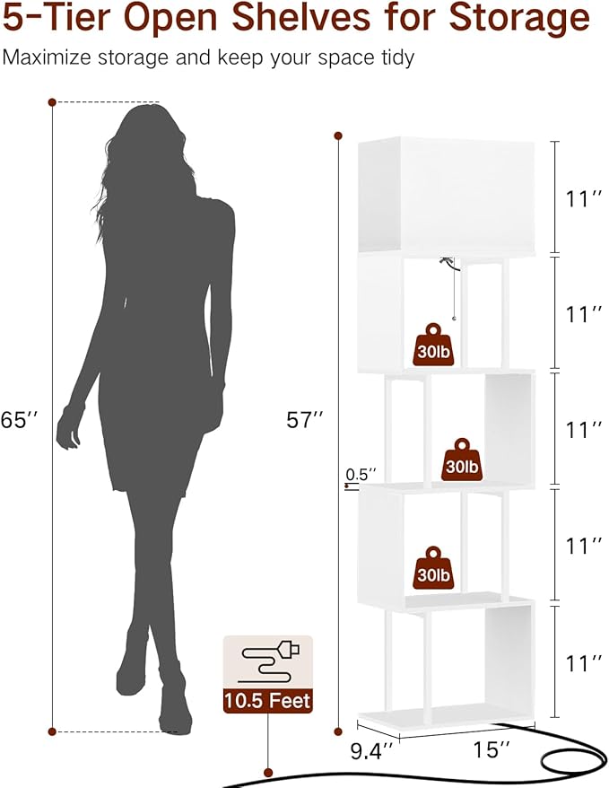 5-Tier Floor Lamp with Shelves & Remote, Dimmable S-Shaped Bookshelf with 3 Color Temperature, 1-Hour Timer, Tall Corner Standing Lamp for Living Room, Bedroom, Office